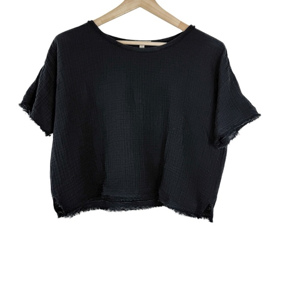 Eileen Fisher Organic Cotton Gauze Boxy Top Black Small Lagenlook Fringe Hem - Picture 3 of 6